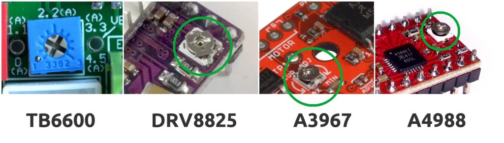 Current limiting potentiometer examples on (chopper) stepper motor drives